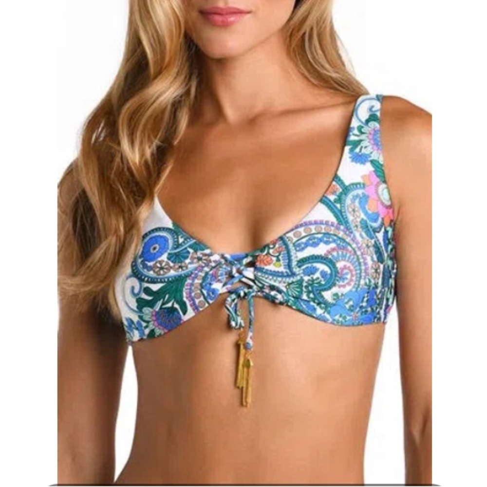 NWT Sunshine 70 Feel Good Paisley Bikini Top Large Gold Hardware Blue Gold Pink